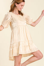 Load image into Gallery viewer, Umgee Satin Shimmer Short Balloon Sleeve Tiered Dress in Cream FINAL SALE Dress Umgee   
