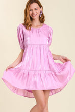 Load image into Gallery viewer, Umgee Satin Shimmer Short Balloon Sleeve Tiered Dress in Lavender Dress Umgee   
