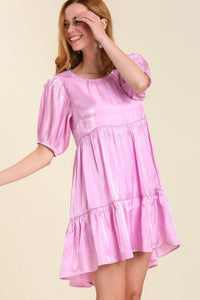 Umgee Satin Shimmer Short Balloon Sleeve Tiered Dress in Lavender Dress Umgee   