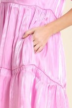 Load image into Gallery viewer, Umgee Satin Shimmer Short Balloon Sleeve Tiered Dress in Lavender Dress Umgee   
