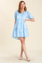 Load image into Gallery viewer, Umgee Satin Shimmer Short Balloon Sleeve Tiered Dress in Light Blue Dress Umgee   
