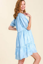 Load image into Gallery viewer, Umgee Satin Shimmer Short Balloon Sleeve Tiered Dress in Light Blue Dress Umgee   
