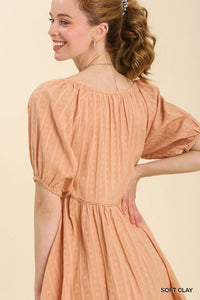 Umgee Pleated Dress with Puff Cuffed Sleeves in Soft Clay Dress Umgee   