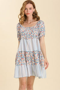 Umgee Floral and Striped Tiered Dress in Blue Mix Dress Umgee   