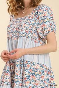 Umgee Floral and Striped Tiered Dress in Blue Mix Dress Umgee   