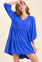 Load image into Gallery viewer, Umgee V-neck Tiered Dress with 3/4 Sleeve in Royal Blue Dress Umgee   
