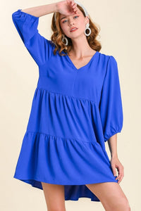 Umgee V-neck Tiered Dress with 3/4 Sleeve in Royal Blue Dress Umgee   