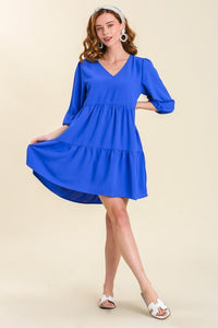 Umgee V-neck Tiered Dress with 3/4 Sleeve in Royal Blue Dress Umgee   
