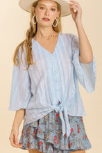 Load image into Gallery viewer, Umgee Jacquard Stripe Top with Front Tie in Light Blue Top Umgee   
