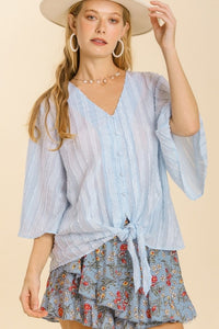 Umgee Jacquard Stripe Top with Front Tie in Light Blue Top Umgee   
