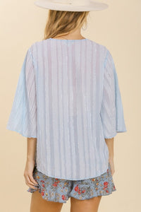 Umgee Jacquard Stripe Top with Front Tie in Light Blue Top Umgee   