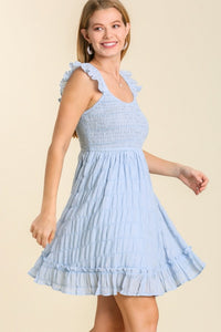 Smocked Chest Pleated Dress with Ruffle Shoulder Sleeve in Light Blue Dress Umgee   
