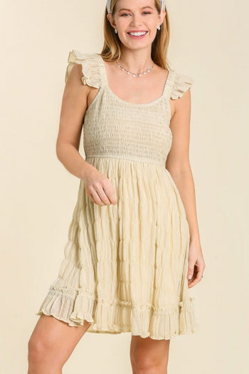 Smocked Chest Pleated Dress with Ruffle Shoulder Sleeve in Natural-FINAL SALE Dress Umgee   