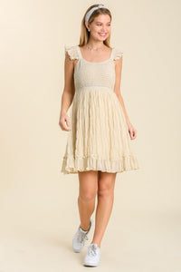 Smocked Chest Pleated Dress with Ruffle Shoulder Sleeve in Natural-FINAL SALE Dress Umgee   