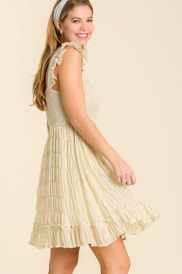 Smocked Chest Pleated Dress with Ruffle Shoulder Sleeve in Natural-FINAL SALE Dress Umgee   