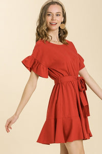Umgee Linen Blend Dress with Waist Tie in Cherry Dress Umgee   