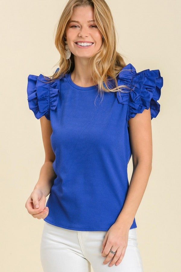 Umgee Ribbed top with Tiered Ruffle Sleeves in Ocean Top Umgee   