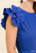 Load image into Gallery viewer, Umgee Ribbed top with Tiered Ruffle Sleeves in Ocean Top Umgee   
