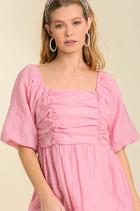 Umgee Puff Sleeved Square Neck Short Dress with Ruched Detail in Carnation Pink Dress Umgee   