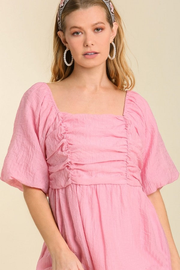 Umgee Puff Sleeved Square Neck Short Dress with Ruched Detail in Carnation Pink-FINAL SALE Dress Umgee   