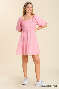 Umgee Puff Sleeved Square Neck Short Dress with Ruched Detail in Carnation Pink Dress Umgee   