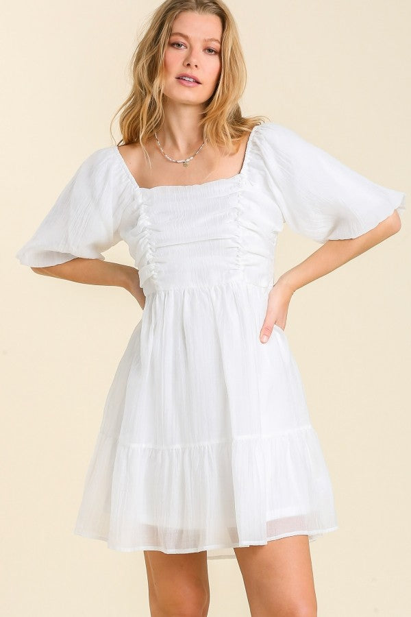 Umgee Puff Sleeved Square Neck Short Dress with Ruched Detail in Off White FINAL SALE Dress Umgee   