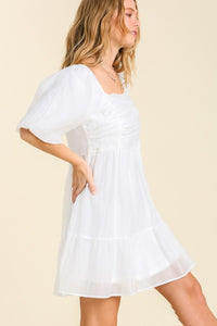 Umgee Puff Sleeved Square Neck Short Dress with Ruched Detail in Off White Dress Umgee   