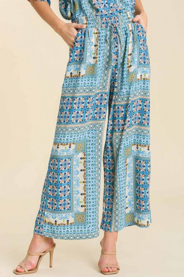 Umgee Mixed Print Wide Elastic Waist Band with Front Tie Wide Leg Pants in Blue Mix Pants Umgee   