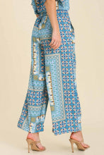 Load image into Gallery viewer, Umgee Mixed Print Wide Elastic Waist Band with Front Tie Wide Leg Pants in Blue Mix Pants Umgee   

