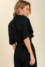 Load image into Gallery viewer, Umgee Satin V-Neck Lapel Collar Cropped Blouse in Black Top Umgee   
