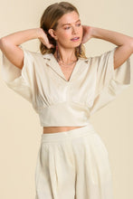 Load image into Gallery viewer, Umgee Satin V-Neck Lapel Collar Cropped Blouse in Cream Top Umgee   
