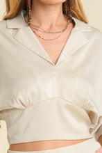 Load image into Gallery viewer, Umgee Satin V-Neck Lapel Collar Cropped Blouse in Cream Top Umgee   
