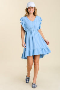 Umgee Linen Blend Dress with Button Details and Ruffled Sleeves in Powder Blue Dress Umgee   