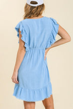 Load image into Gallery viewer, Umgee Linen Blend Dress with Button Details and Ruffled Sleeves in Powder Blue Dress Umgee   
