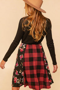Midi Length Dress with Floral and Plaid Mixed Print Design Dress Haptics   