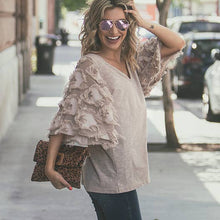 Load image into Gallery viewer, And the Why Top with Fringed Ruffle Sleeves in Taupe ON ORDER Shirts &amp; Tops And The Why   
