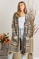 Printed Long Sleeve Loose Cardigan in Beige Cardigan Adora   