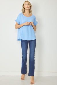 Entro Top with Short Folded Sleeves in Blue Top Entro   