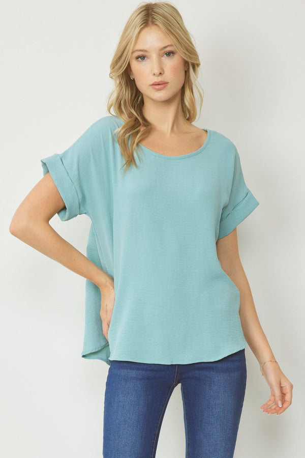 Entro Top with Short Folded Sleeves in Aloe Top Entro   