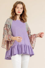 Load image into Gallery viewer, Umgee Waffle Knit Top with Floral Paisley Mixed Print Bell Sleeves in Lavender Top Umgee   
