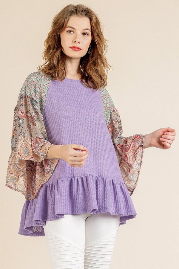 Umgee Waffle Knit Top with Floral Paisley Mixed Print Bell Sleeves in Lavender Top Umgee   