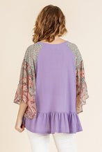 Load image into Gallery viewer, Umgee Waffle Knit Top with Floral Paisley Mixed Print Bell Sleeves in Lavender Top Umgee   
