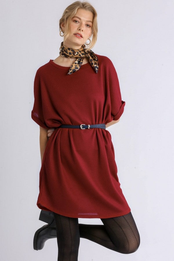 Umgee Short Waffle Knit Dress in Jester Red June Adel