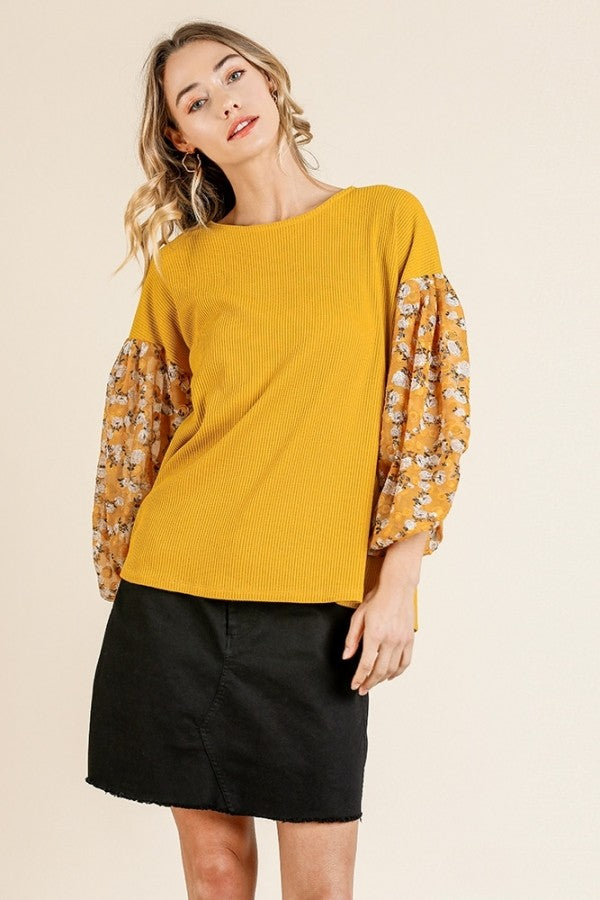 Umgee Goldenrod Top with Floral Puff Sleeves Top Umgee   