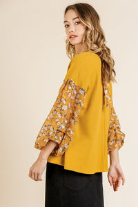 Umgee Goldenrod Top with Floral Puff Sleeves Top Umgee   