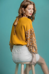 Umgee Goldenrod Top with Floral Puff Sleeves Top Umgee   