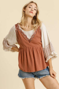 Umgee Sleeveless Top with Crochet Details in Clay Shirts & Tops Umgee   