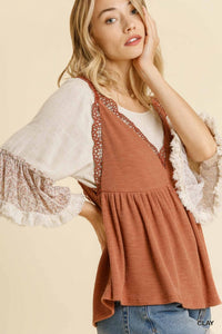 Umgee Sleeveless Top with Crochet Details in Clay FINAL SALE Shirts & Tops Umgee   