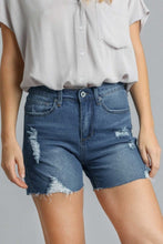 Load image into Gallery viewer, Umgee High Rise Distressed Detail Elastic Back Stretch Denim Shorts with Raw Hem in Indigo Shorts Umgee   
