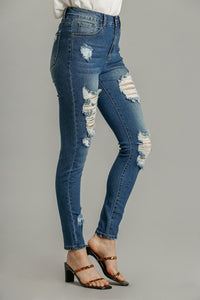 Umgee 5 Pockets Distressed Detail Stretch Denim Skinny Jeans in Denim Blue Bottoms Umgee   